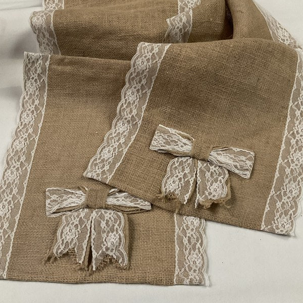 Burlap Lace Table Runner with Bow 14" x 108" Burlap Lace Table Runner with Bow 14" x 108"